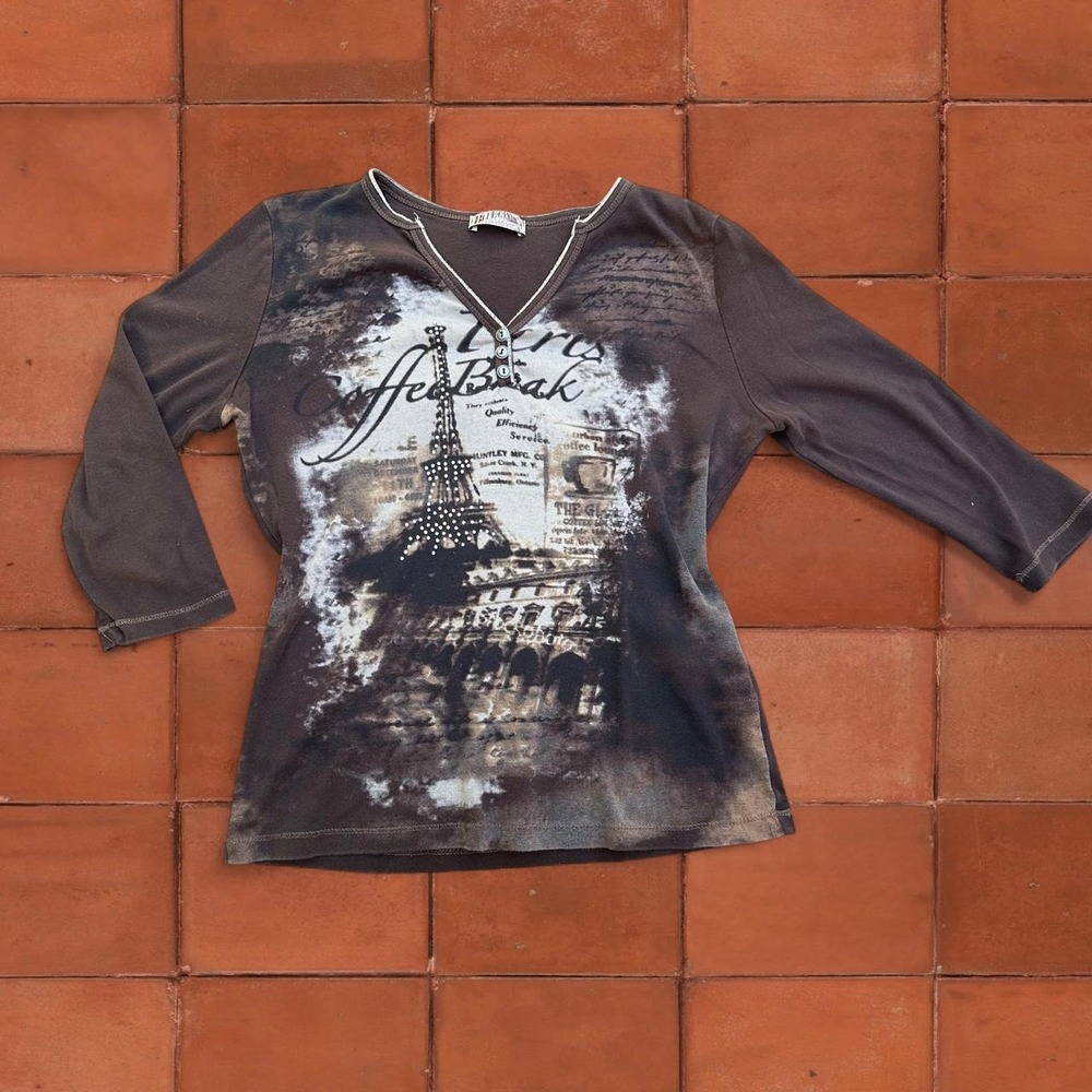 Vintage Y2K Blue Canyon Clothing Paris Graphic Henley Top
